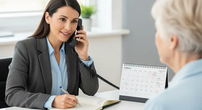 Pflegeberaterin telefoniert mit Seniorin, Notizblock und Kalender, professionelles Gespräch