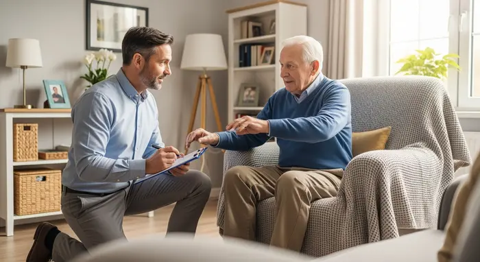 MD-Gutachter besucht Senior zu Hause, prüft Mobilität, respektvolle Interaktion im Wohnzimmer
