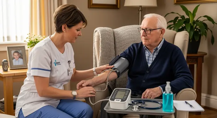 Ambulanter Pflegedienst betreut Senior zu Hause, Blutdruckmessung, professionelle Ausstattung