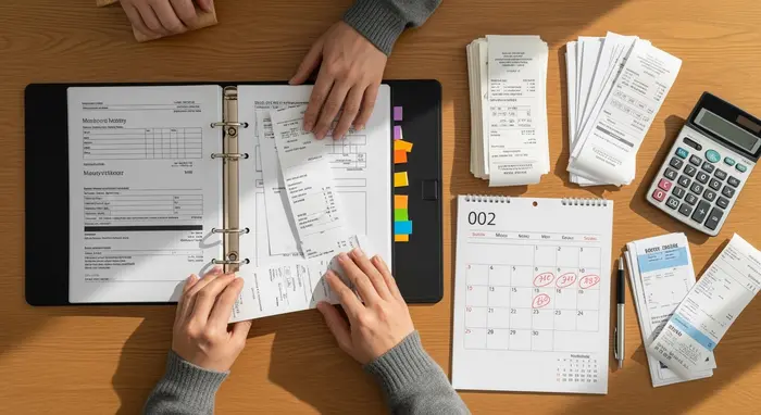 Ordner mit Dokumenten und Kalender auf Tisch, Hände sortieren Belege, Haushaltsplanung