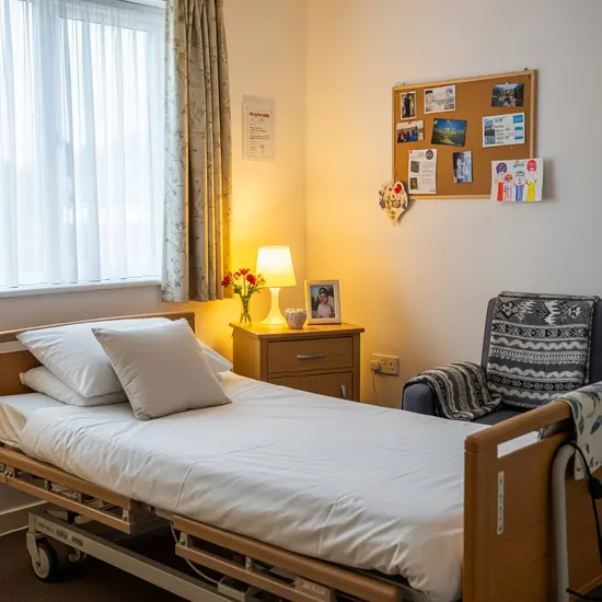 Pflegeheim-Zimmer mit Pflegebett, Nachttisch und persönlicher Dekoration, freundliche Beleuchtung, aufgeräumt