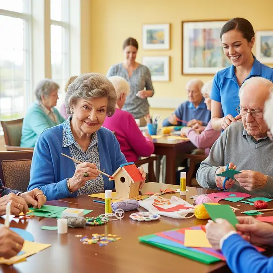 Senior besucht eine Tagespflegeeinrichtung, sitzt mit anderen an einem Tisch, Beschäftigungsangebot mit Bastelmaterial.