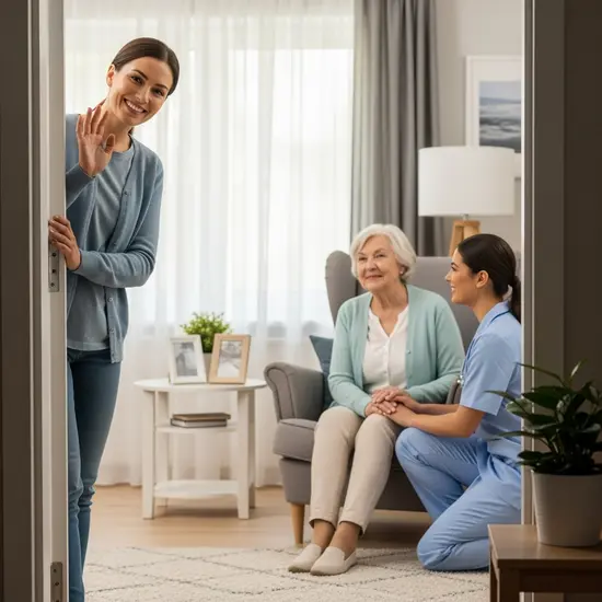 Pflegende Tochter verabschiedet sich lächelnd am Haustürrahmen; Ersatzpflegekraft übernimmt die Betreuung der Mutter im Wohnzimmer.