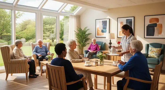 Modernes Pflegeheim mit hellem Aufenthaltsraum; Seniorengruppe im Gespräch, Pflegekraft serviert Tee, freundliche Umgebung.