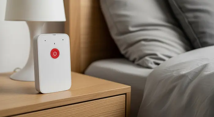 Hausnotruf-Gerät mit Notfallknopf auf einem Nachttisch neben einem Bett; klare, gut erkennbare Technik ohne Textanzeigen.