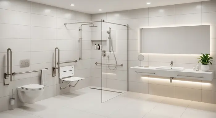 Modernes, barrierefreies Badezimmer mit bodengleicher Dusche, Haltegriffen und Duschsitz; helle Fliesen, rutschfester Boden.