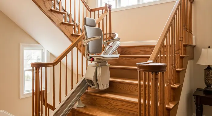 Treppenlift an einer Holztreppe in einem Einfamilienhaus; sichere Sitzfläche, dezentes Design.
