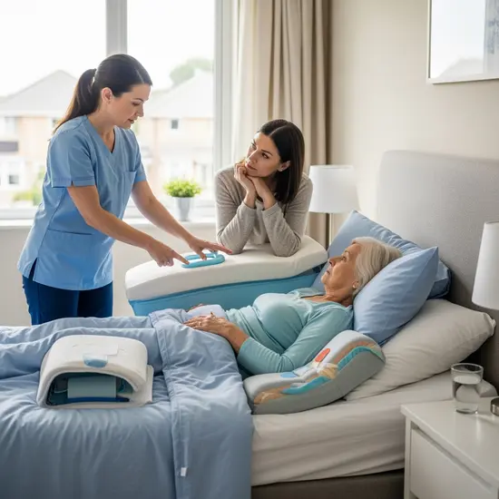 Pflegetrainerin zeigt einer Angehörigen zu Hause, wie man eine Seniorin richtig lagert; Bett, Kissen und Hilfsmittel sichtbar.