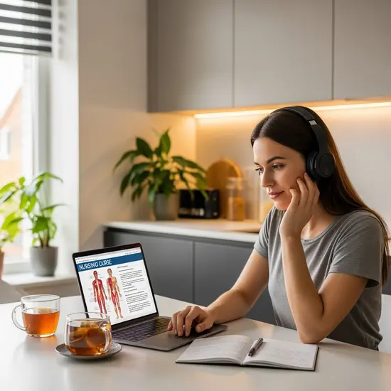 Junge Frau sitzt entspannt mit Laptop und Kopfhörern am Küchentisch, verfolgt einen Online-Pflegekurs; ruhige, moderne Umgebung.