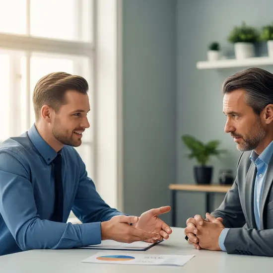Mitarbeiter erklärt am Schreibtisch Beitragssätze der Pflegeversicherung einem berufstätigen Mann; ruhiges Büro, Diagramm nur angedeutet, ohne lesbaren Text.