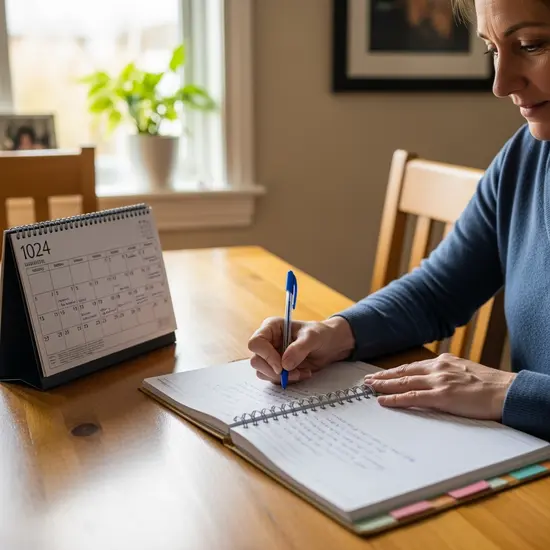 Pflegende Angehörige füllt sorgfältig ein Pflegetagebuch am Esstisch aus; Kalender und Stift sichtbar.