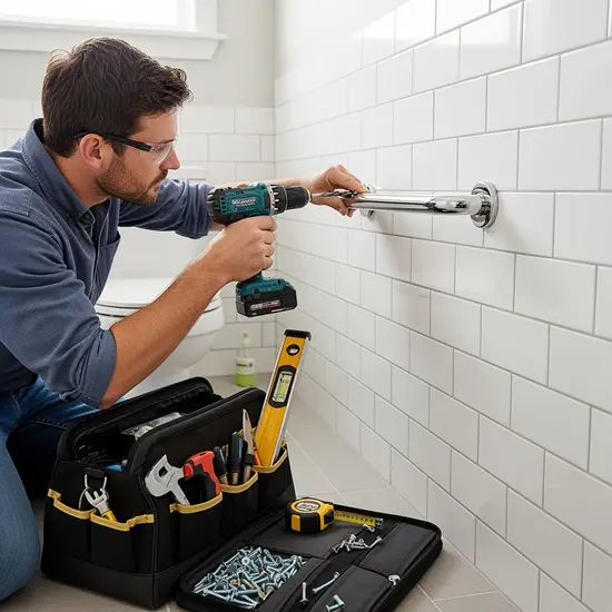 Handwerker montiert einen stabilen Haltegriff im Badezimmer; Kacheln, Werkzeugtasche, konzentriertes Arbeiten.