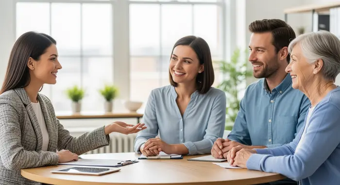 Beraterin der Krankenkasse sitzt mit einer Familie am runden Tisch und fasst die nächsten Schritte zusammen; lächelnde Gesichter, helle Umgebung.
