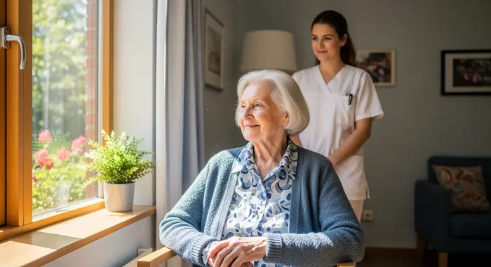 Bewohnerin in einem hellen Pflegeheim-Zimmer, lächelnd am Fenster, Pflegekraft im Hintergrund; ruhige, wertschätzende Szene.