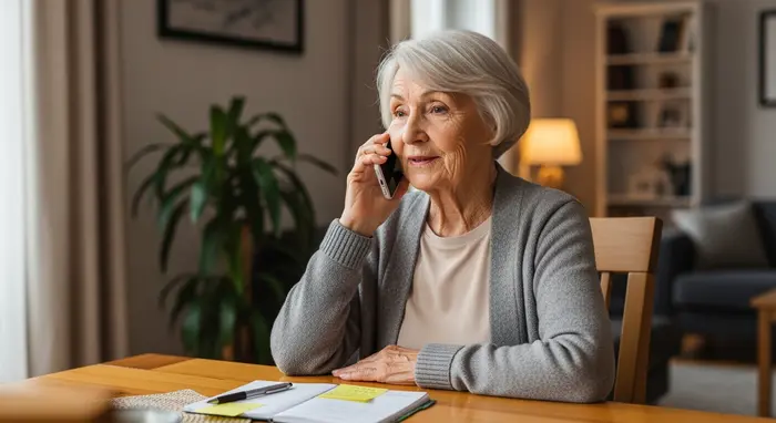 Seniorin telefoniert zuhause mit der Pflege-Hotline, Notizblock und Stift liegen auf dem Tisch; ruhige Wohnzimmeratmosphäre.