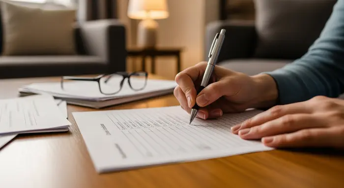 Nahaufnahme von Händen, die ein Formular sorgfältig ausfüllen; Wohnzimmertisch mit Brille und Unterlagen.