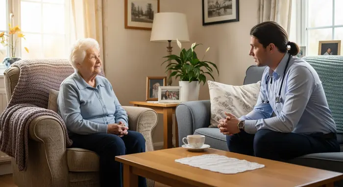 Gutachter des Medizinischen Dienstes besucht eine Seniorin zu Hause; respektvolles Gespräch im Wohnzimmer.