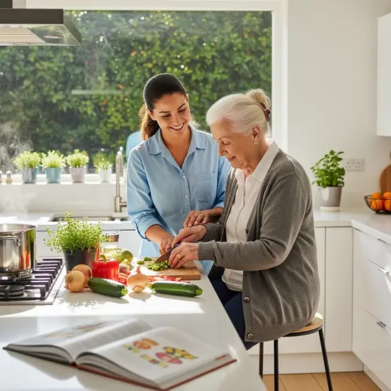 Ambulante Pflegekraft unterstützt eine Seniorin beim Kochen in einer hellen Küche; Alltagssituation zuhause.