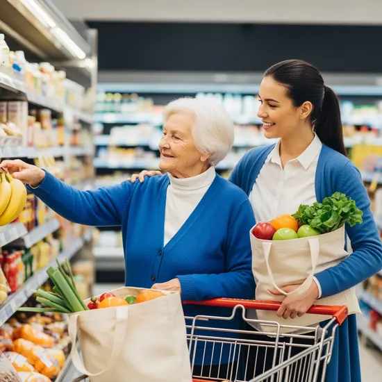 Senior erhält Unterstützung beim Einkaufen durch Alltagshelferin, Einkaufstaschen und frisches Obst sichtbar.