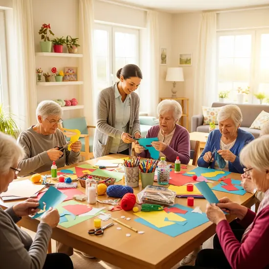 Tagespflege: Gruppe von Senioren beim gemeinsamen Basteln, freundliche Betreuungsperson dabei.