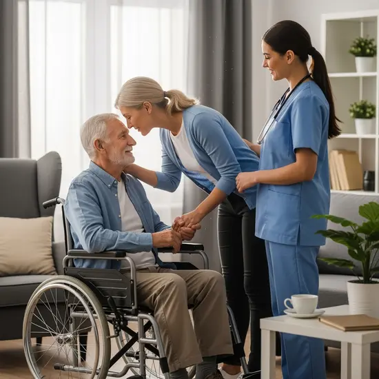 Erwachsene Tochter verabschiedet sich kurz von pflegedürftigem Vater, Pflegekraft übernimmt Betreuung, freundliche Atmosphäre.