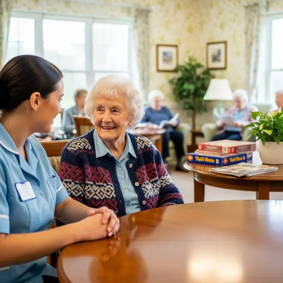 Seniorin in Kurzzeitpflege-Einrichtung sitzt im Gemeinschaftsraum, lächelt im Gespräch mit Pflegekraft.