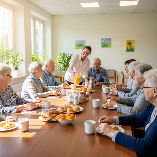 Seniorengruppe in einer Tagespflege beim gemeinsamen Frühstück, Pflegekraft reicht Getränke, heller Gemeinschaftsraum.