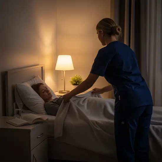 Nachtpflege: ruhiges Zimmer mit Pflegende, die eine Decke richtet; sanfte Beleuchtung.