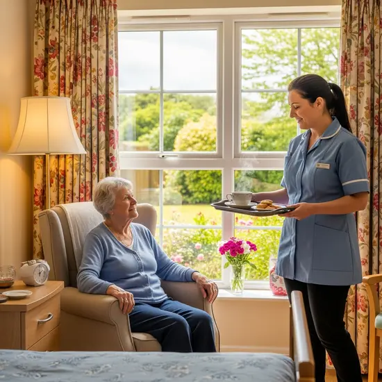 Pflegeheim-Szene: Senior sitzt am Fenster eines freundlich eingerichteten Zimmers, Pflegerin bringt Tee.