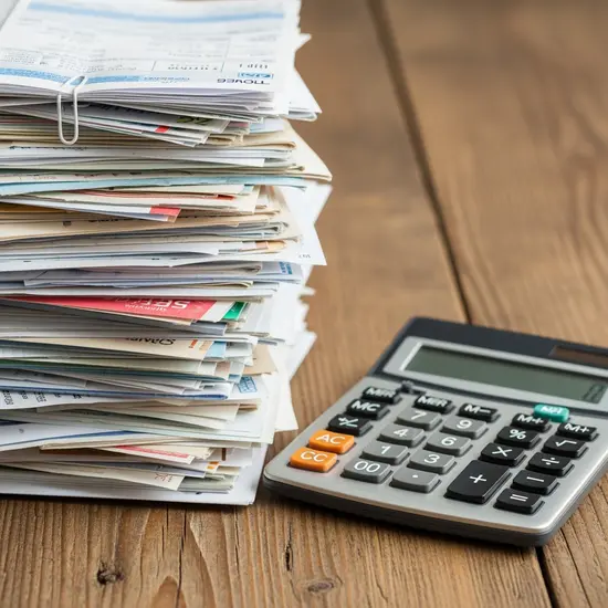 Symbolbild Kosten: Taschenrechner neben Stapel Rechnungen auf Holztisch, ohne lesbaren Text.