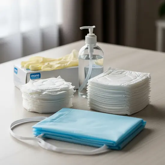 Pflegehilfsmittel-Set auf einem Tisch: Handschuhe, Desinfektionsmittel, Einlagen und Schutzschürze ordentlich arrangiert.