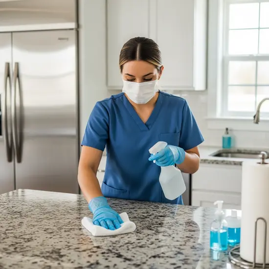 Pflegekraft desinfiziert eine Fläche in der Küche, Handschuhe und Maske getragen.