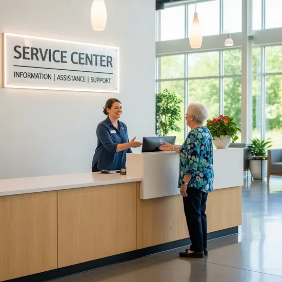 Moderne Service-Center-Szene: Mitarbeiterin am Empfang begrüßt Seniorin, klare Beschilderung, lichtdurchfluteter Raum.