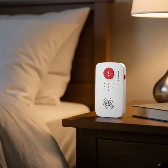 Hausnotruf-Gerät mit Notfallknopf liegt auf einem Nachttisch neben einem Bett, dezentes Licht.