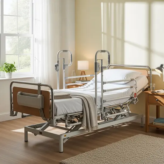 Pflegebett mit höhenverstellbarem Rahmen in einem hellen Schlafzimmer, Haltegriffe sichtbar.