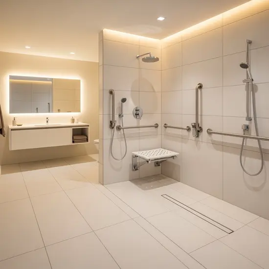 Modernes barrierefreies Badezimmer mit bodengleicher Dusche, Haltegriffen und Duschsitz, hell gefliest.