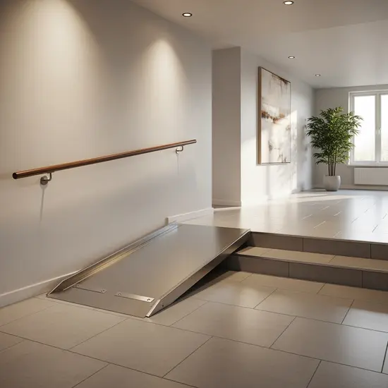 Geräumiger Hausflur mit fester Metallrampe an einer Stufe, Handlauf an der Wand.