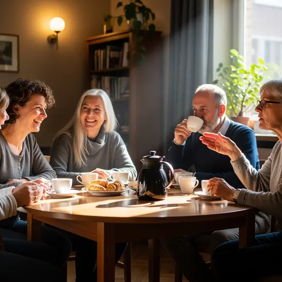 Runder Tisch mit Bewohnern beim Kaffeetrinken, freundliche Gemeinschaftsatmosphäre.
