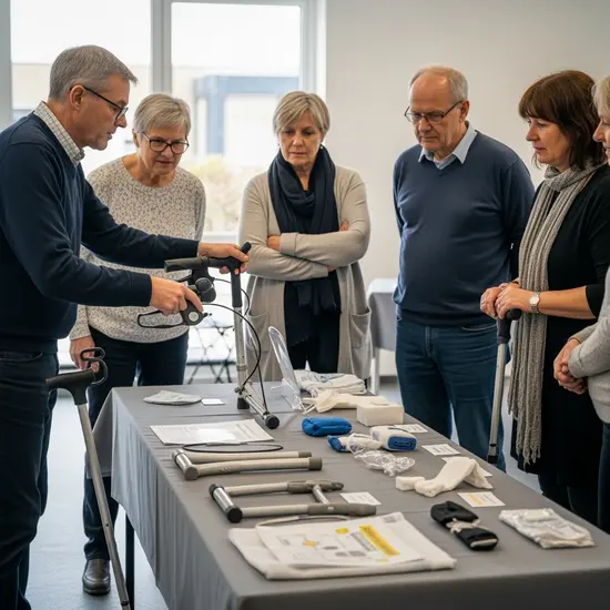 Kleiner Gruppenkurs mit Demonstration von Pflegehilfsmitteln auf einem Tisch.