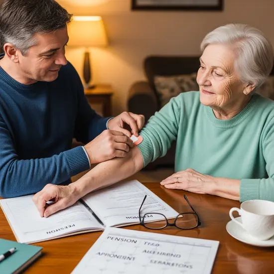 Angehörige trägt ihrer Mutter Pflegehilfe auf, im Hintergrund liegen Rentenunterlagen und Kalender auf dem Tisch.