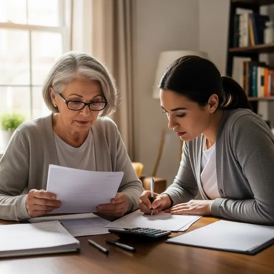 Seniorin und Tochter füllen gemeinsam Formulare aus, konzentrierte, ruhige Stimmung.