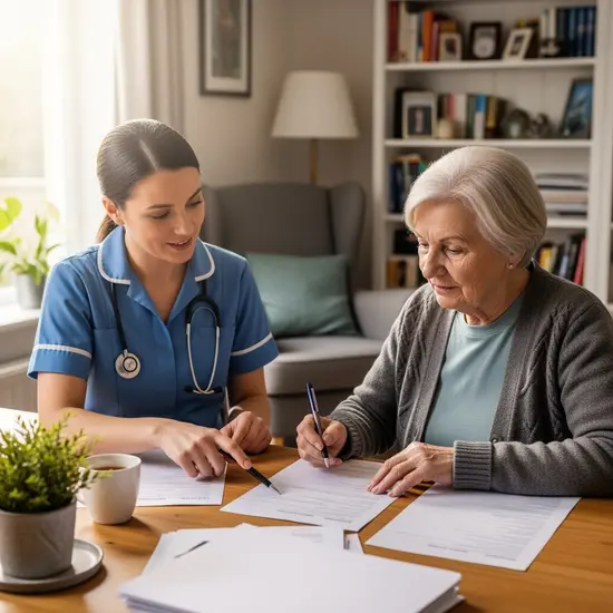 Pflegerin unterstützt Seniorin beim Ausfüllen von Formularen, Fokus auf Zusammenarbeit und Verständnis, gemütliche Wohnumgebung.