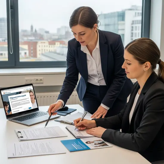 Mitarbeiterin erklärt Berufstätiger die Schritte zum Pflegeunterstützungsgeld im Büro, Unterlagen und Stift sichtbar.