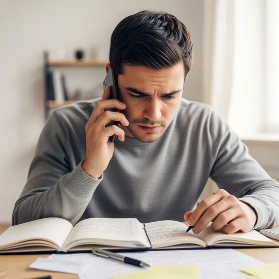 Junger Mann telefoniert mit der Pflegekasse, Notizen vor sich, konzentrierter Ausdruck.