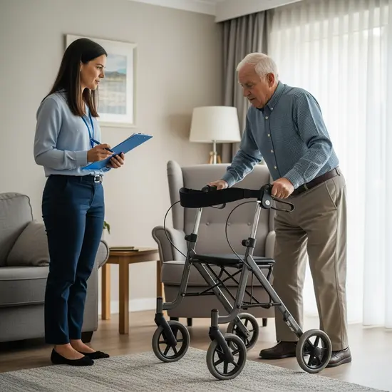 Gutachterin besucht Senior zu Hause, prüft Mobilität, Senior steht mit Rollator auf, sachliche Atmosphäre.