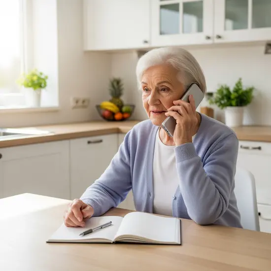 Seniorin telefoniert mit der Krankenkasse, Notizblock mit Stift liegt bereit, helle Küche.