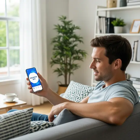 Junger Mann nutzt die Pronova BKK-App auf seinem Smartphone, entspanntes Wohnzimmer.