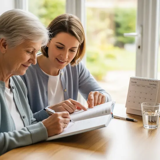 Pflegebedürftige Person und Tochter füllen gemeinsam ein Pflegetagebuch aus, Stift und Kalender liegen bereit.