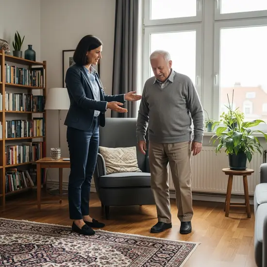 MD-Gutachterin bittet Senior, aufzustehen und ein paar Schritte zu gehen; Wohnzimmerumgebung.