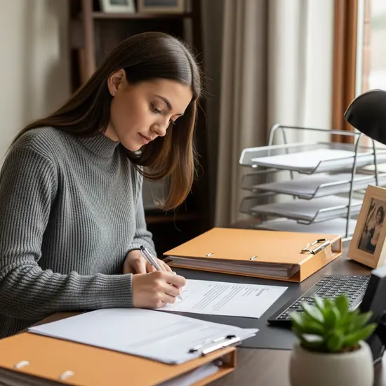 Junge Frau schreibt einen Widerspruchsbrief am Schreibtisch, Ordner und Dokumente sortiert.
